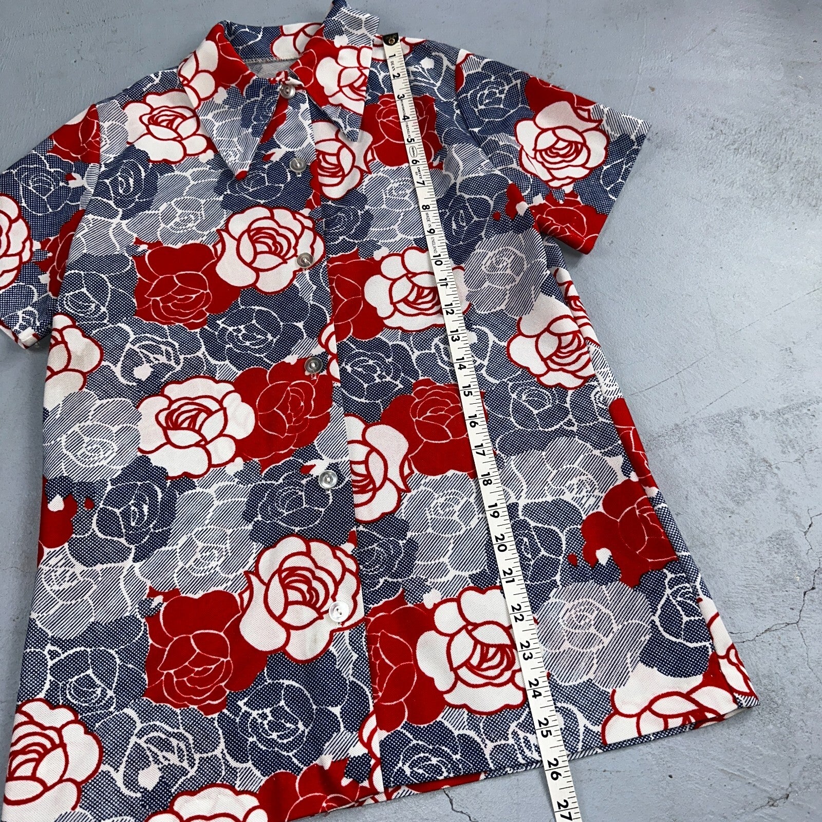 Vintage Handmade 70s Mod Short Sleeve Gray Floral Mock Neck Collar M Flowers