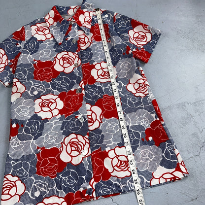 Vintage Handmade 70s Mod Short Sleeve Gray Floral Mock Neck Collar M Flowers