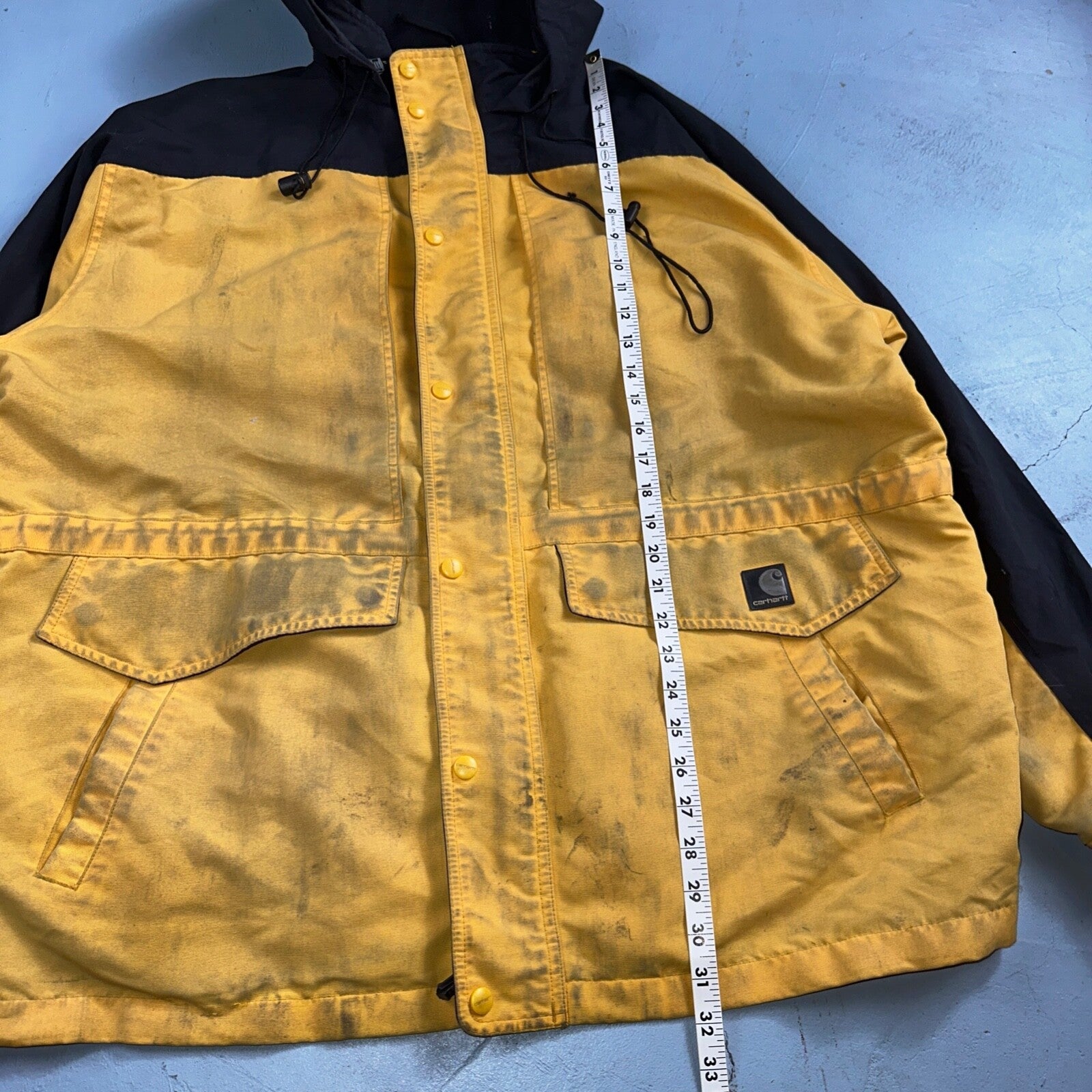 Carhartt C48 YLW Workwear Jacket Stains Mesh Lined Full Zip Hooded XL Yellow