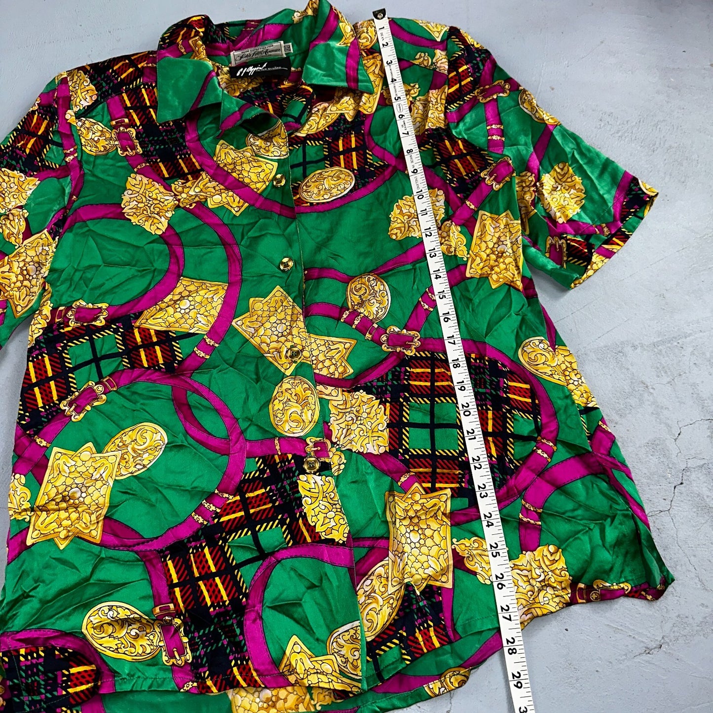 Peter Nygard Shirt Womens 12 Gold Green Silk Abstract VTG 80s Saks Fifth Avenue