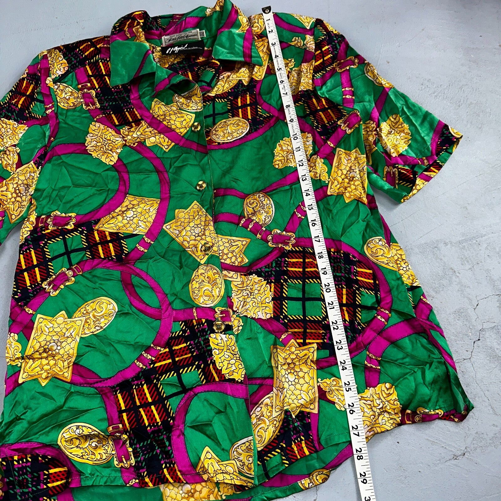 Peter Nygard Shirt Womens 12 Gold Green Silk Abstract VTG 80s Saks Fifth Avenue