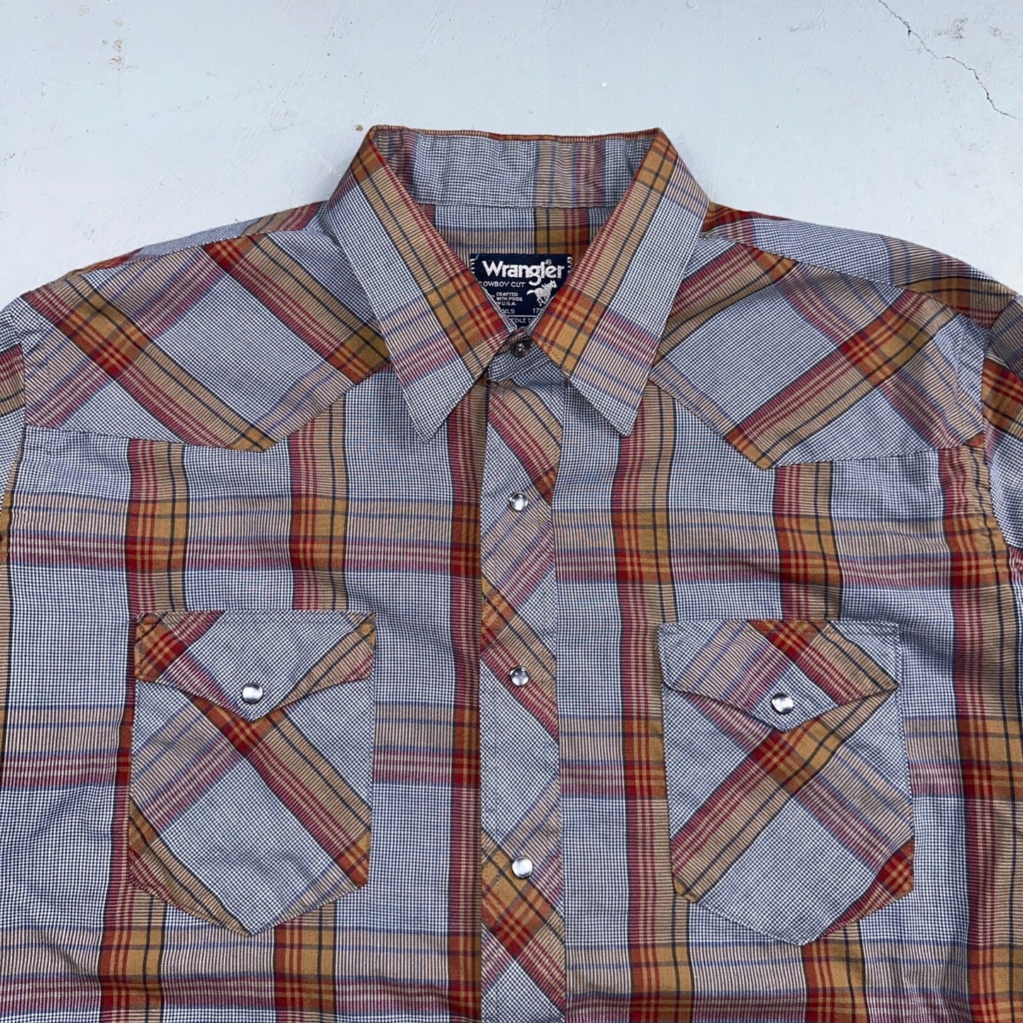 Wrangler VTG Shirt Mens 17.5x35 Plaid Cowboy Cut Pearl Snap Long Tail Rodeo