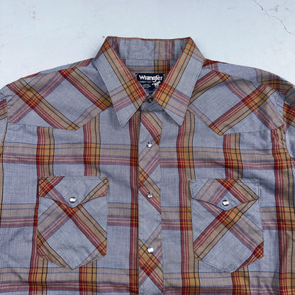 Wrangler VTG Shirt Mens 17.5x35 Plaid Cowboy Cut Pearl Snap Long Tail Rodeo