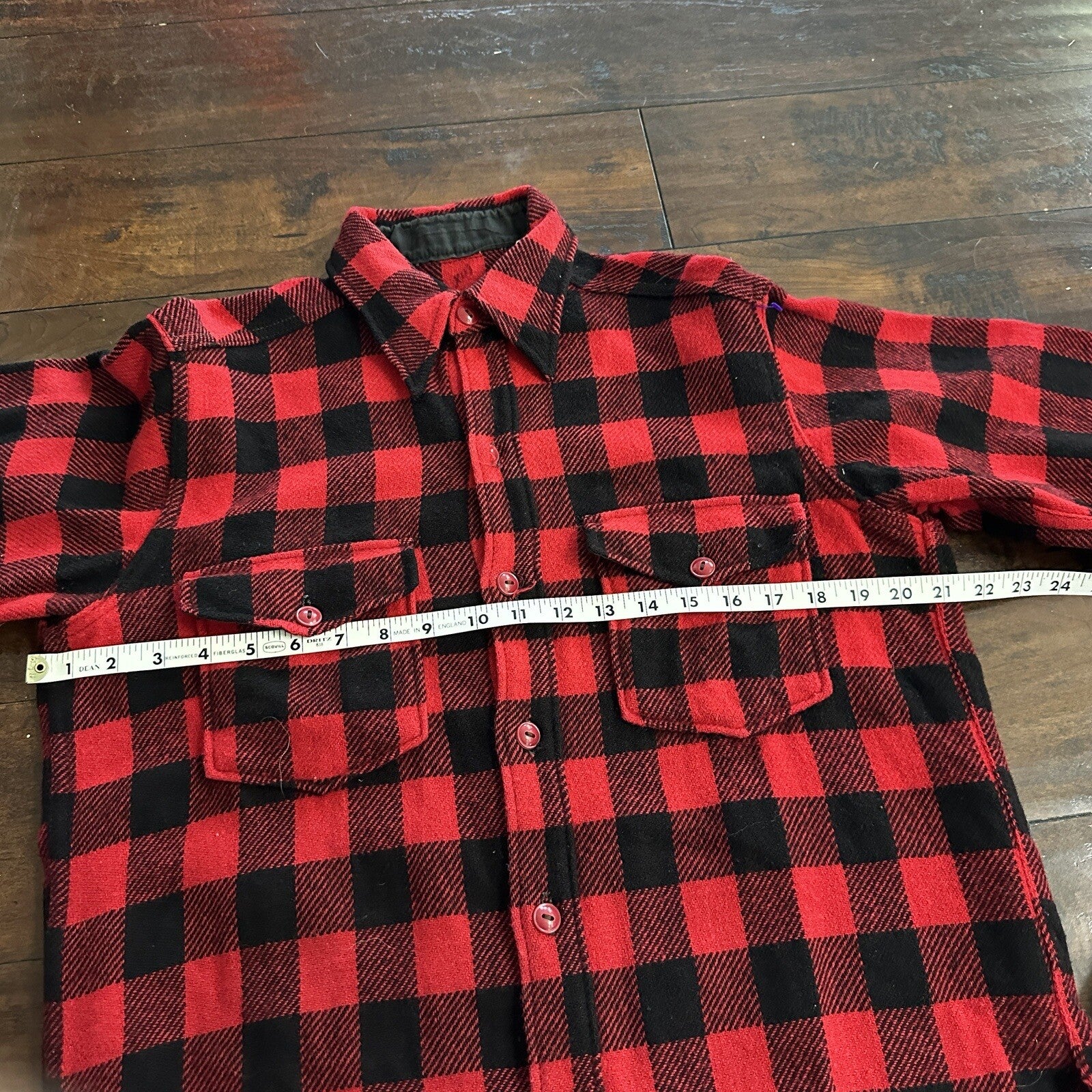 1950's vtg Buffalo Plaid Flannel L/S Jac Over Shirt Med Red Black 50s 60s Worn