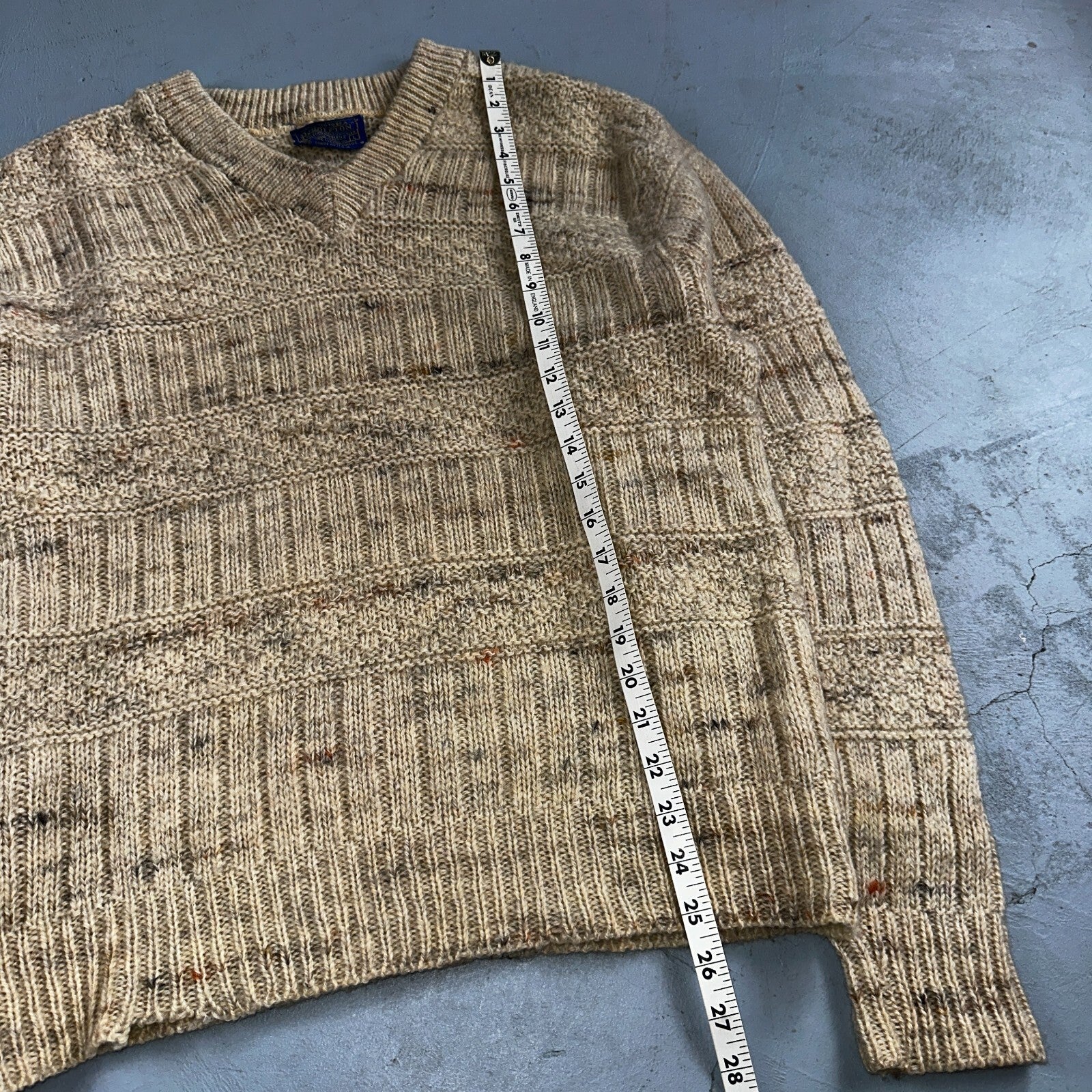 Pendleton VTG Womens V Neck Pullover Wool Sweater Ivory 1970s 70s L Fisherman