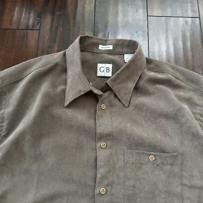 Vtg Geoffrey Beene Mens Micro Suede Long Sleeve Button Up grey/olive  Sz L