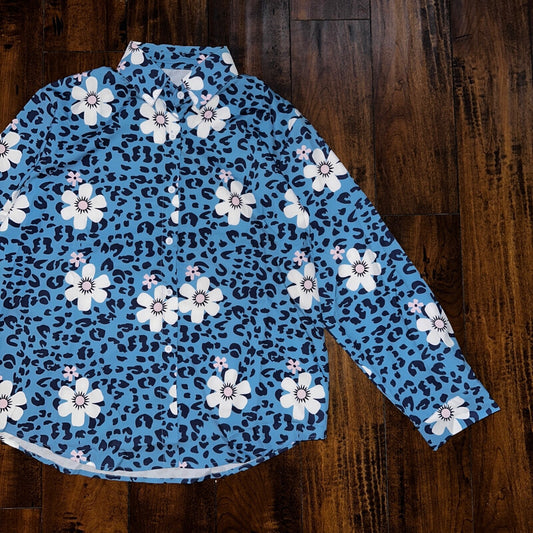 Blue Flowers Multicolor Long Sleeve Collared Button Down Hawaii Shirt Womens M