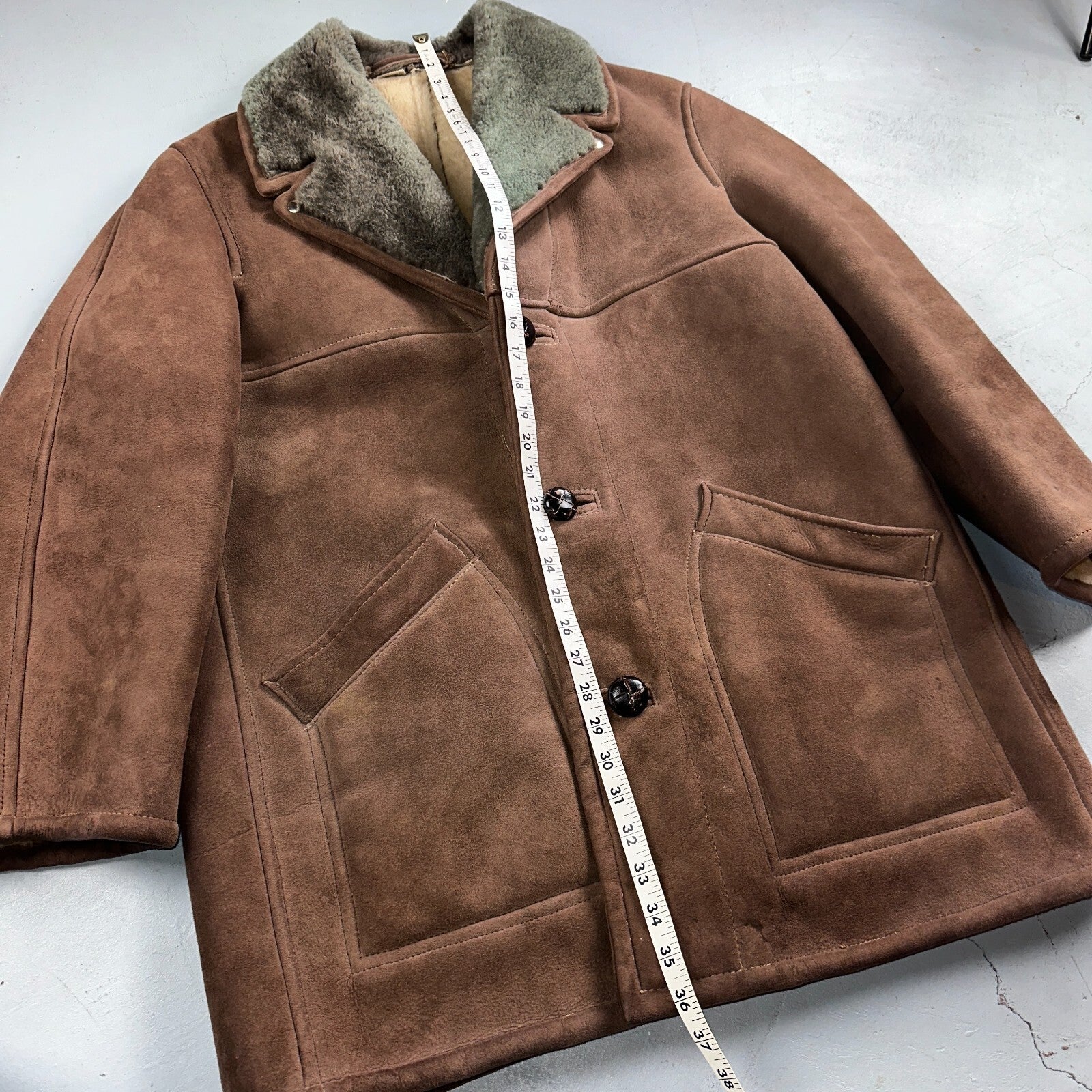 VTG Mens Coat Suede 60s Western Ranch Trucker Jacket Fur Sherpa 44 Brown 1960s