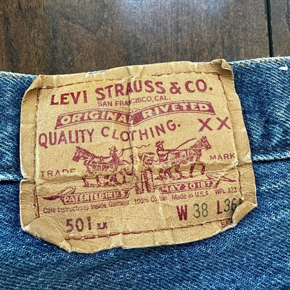 VTG 80s Levis 501 Button Fly 38x36 USA Tag Jeans Straight Wash Blue XX Act 34x31