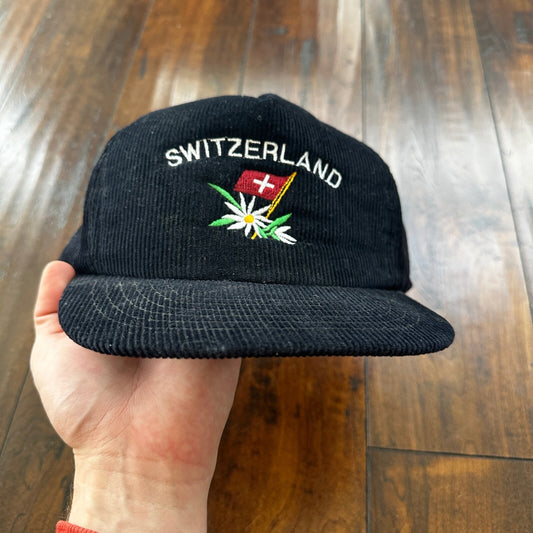Corduroy Switzerland Black Vintage Hat Cap Snapback Flag Europe Travel USA Love