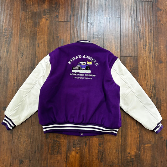 VTG Stray Angels Varsity Leather Letterman 70s Jacket XL Portland Cars Racing