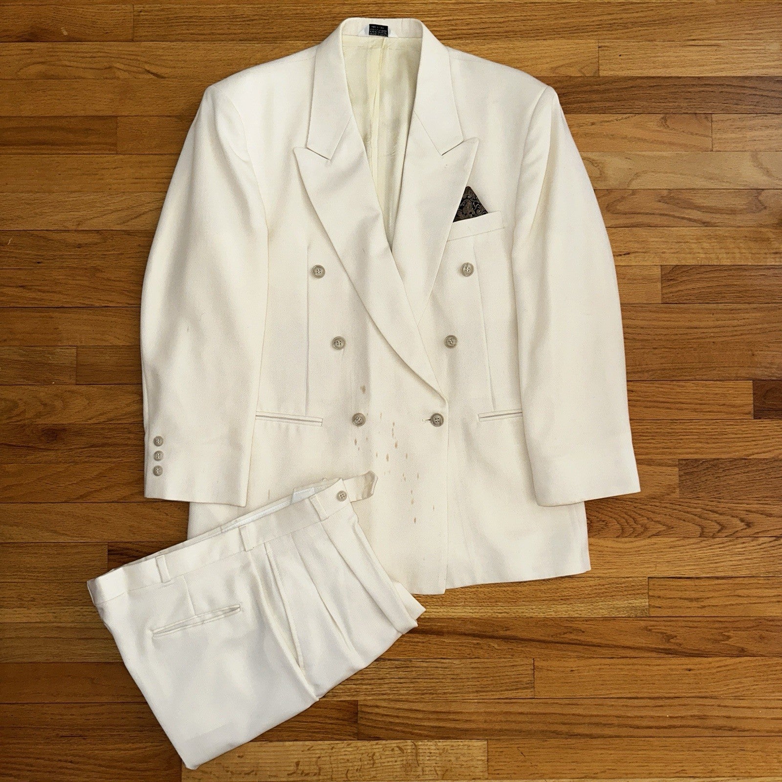 Cellini White 2 Piece Suit Mens 42R 33x26 Solid Double Breasted USA 1980s 80s