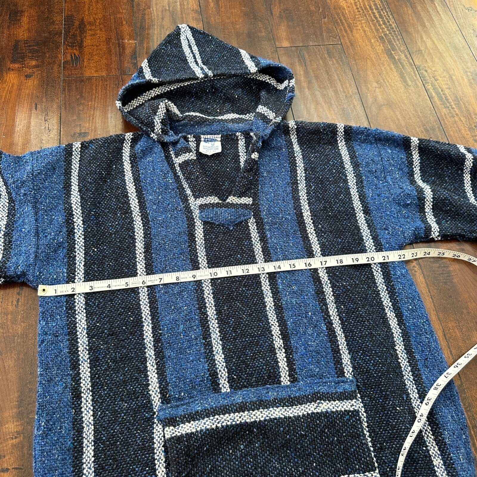 VTG 1980s Baja Hoodie Hippie Size L Surfer Style Blue/Black 90s 80s Mexico