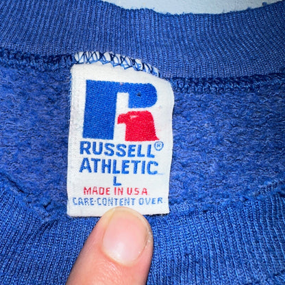 Russell Athletic Thrashed USA Sweatshirt VTG Crewneck L Blue Basic Cool Gym