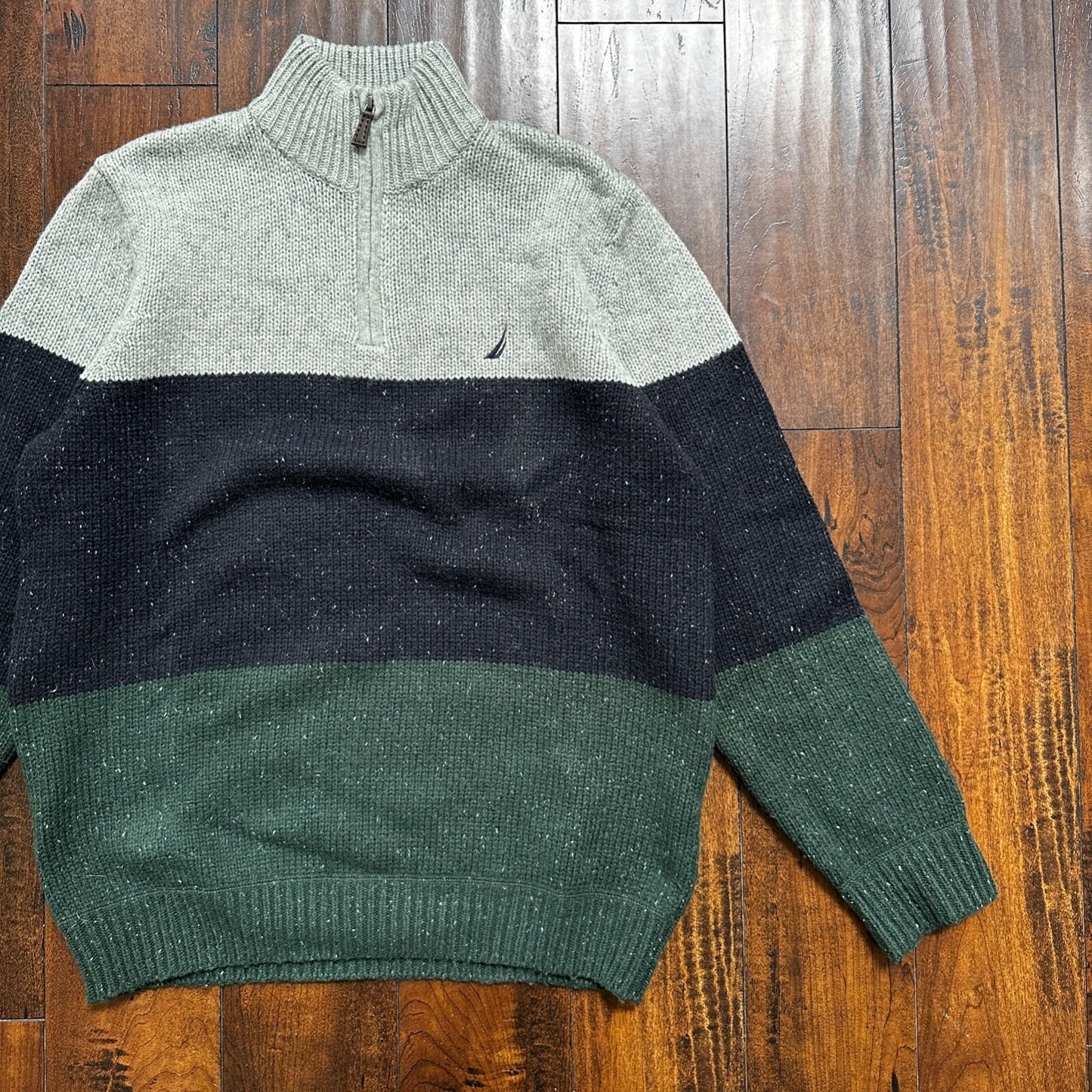 Nautica Men Wool 1/4 Zip Pullover Mock Neck Green Blue Grey Sweater M VTG