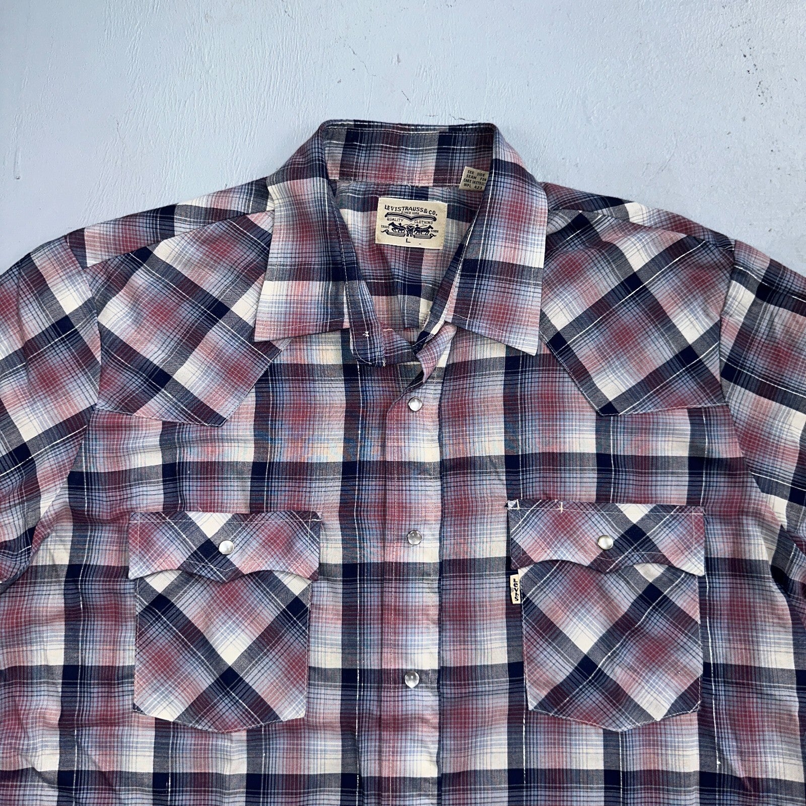 Levis VTG 1980s Pearl Snap Button Shirt Mens L Plaid 80s Cowboy Shirt Korea SS