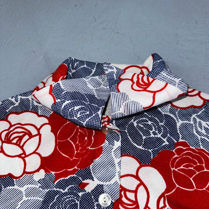 Vintage Handmade 70s Mod Short Sleeve Gray Floral Mock Neck Collar M Flowers