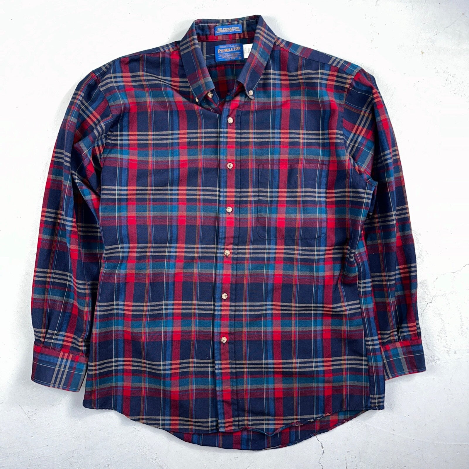 Sir Pendleton Shirt Mens Large Worsted Pure Virgin Wool Multicolor Plaid USA Red