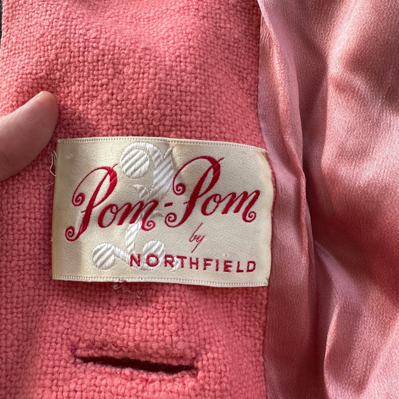 VTG 70s Overcoat Coat Pink Wool Union Made Pom Pom Northfield Rockabilly 1970s