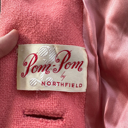 VTG 70s Overcoat Coat Pink Wool Union Made Pom Pom Northfield Rockabilly 1970s