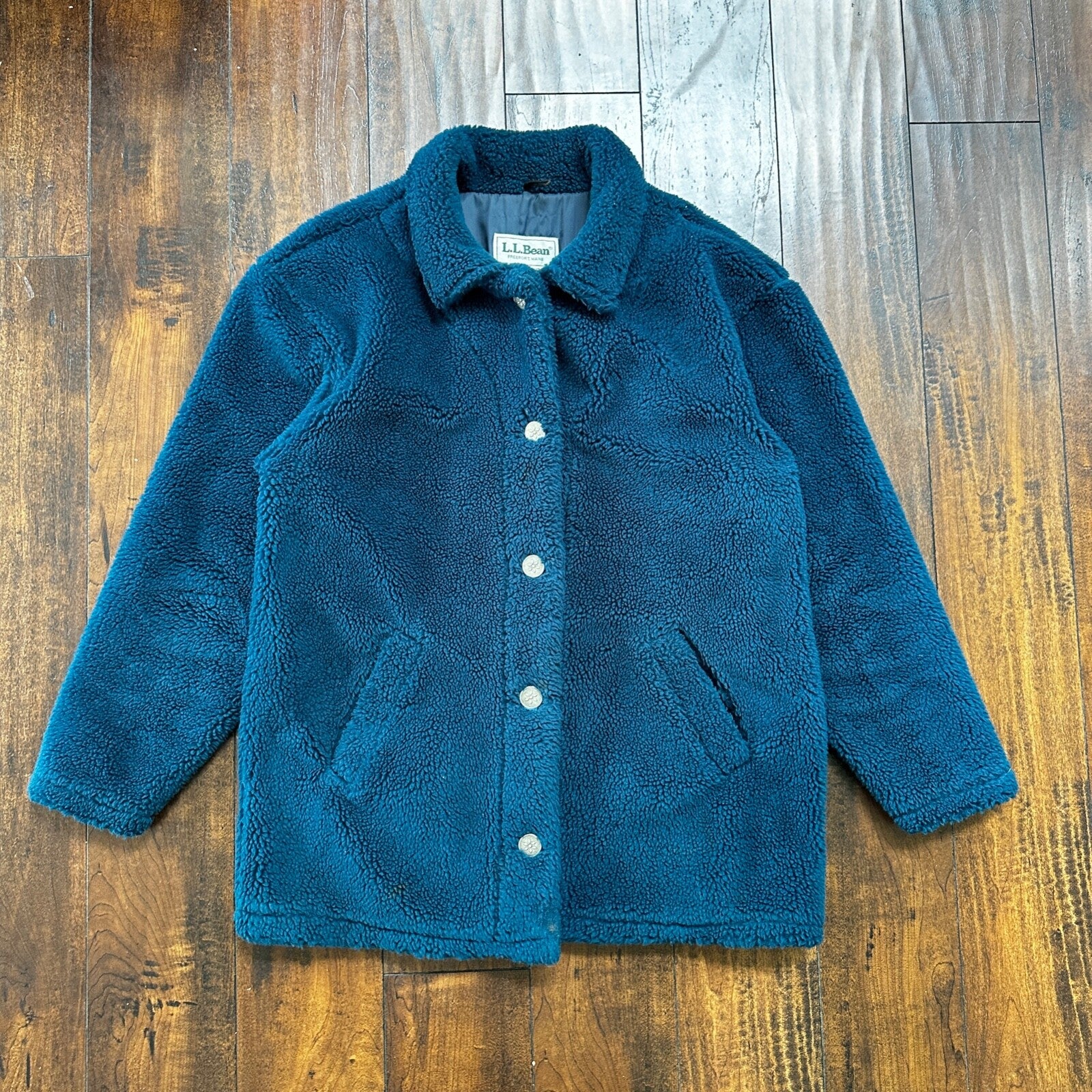 Vintage LL Bean Made In USA Womens Button Up Fuzzy Fleece Blue Jacket Med