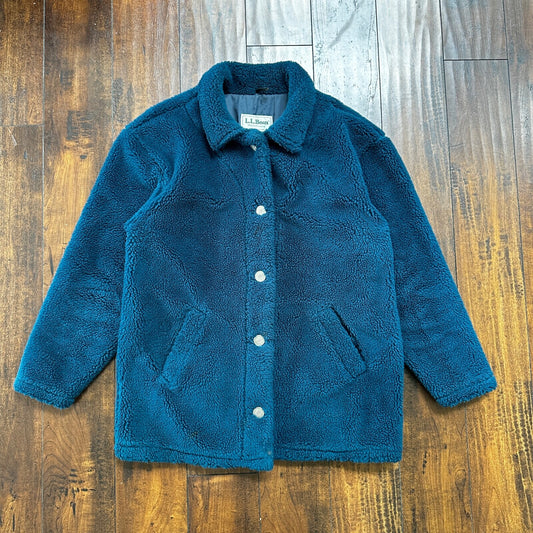 Vintage LL Bean Made In USA Womens Button Up Fuzzy Fleece Blue Jacket Med