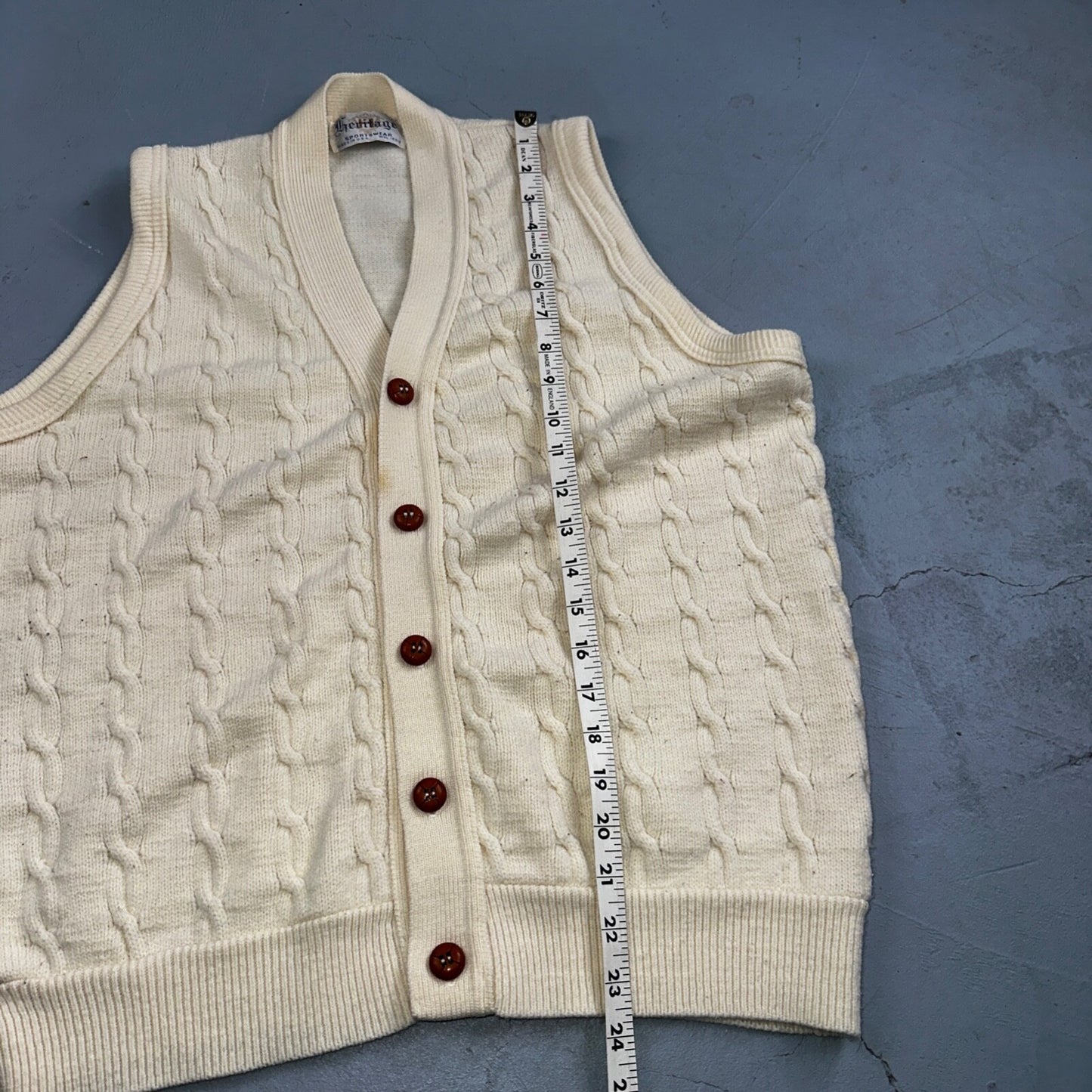 Vintage 70s Heritage Sweater Vest L Mens USA Crewneck Cream Cable Knit Fisherman