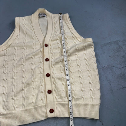 Vintage 70s Heritage Sweater Vest L Mens USA Crewneck Cream Cable Knit Fisherman