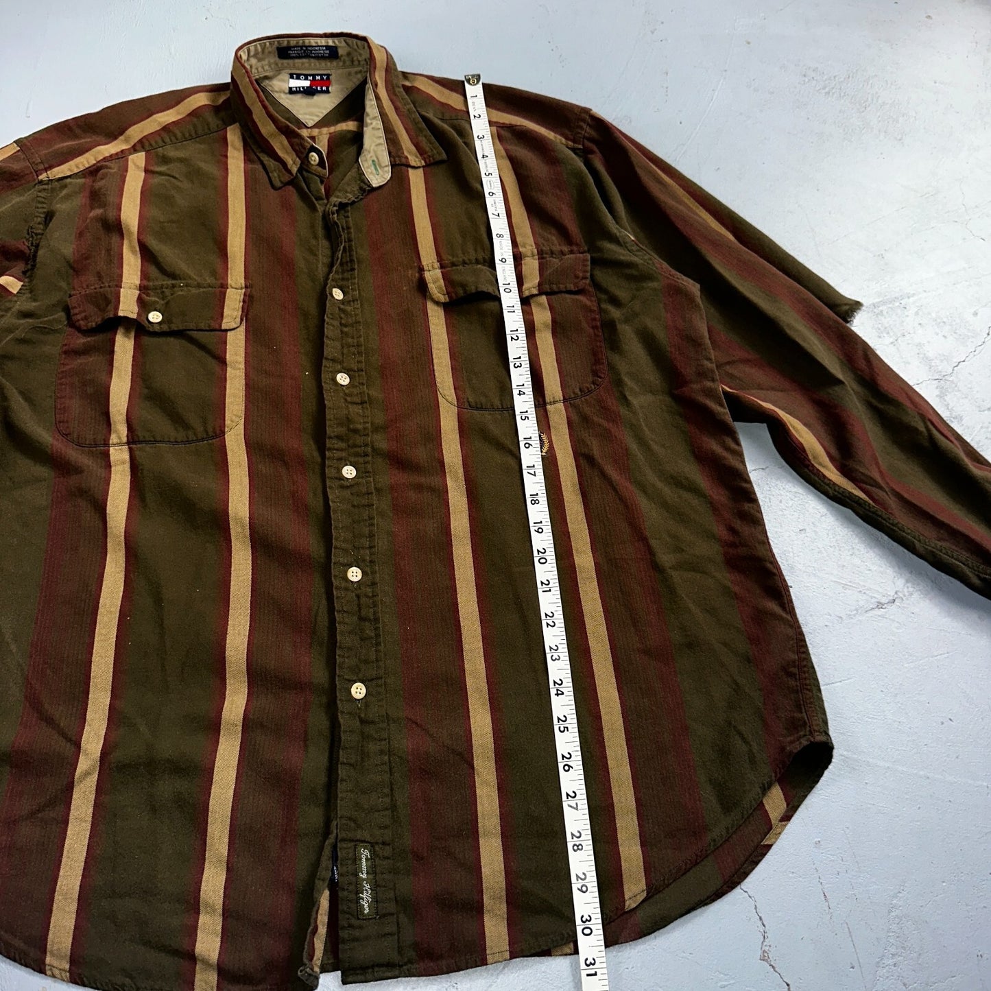 Tommy Hilfiger Mens Striped Shirt Vintage 90s Crest & Long Sleeves XL Has Holes