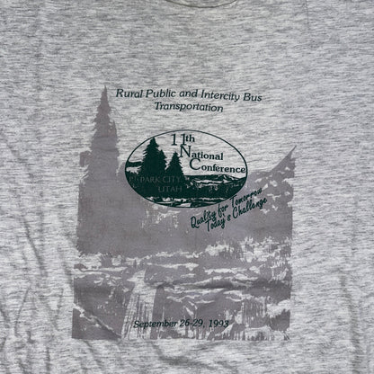 Hanes Beefy Gray Utah Park City VTG T Shirt 90s Bus Trees Forest Hiking Art