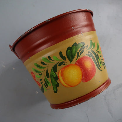 VTG Hand Painted Peaches Metal Bucket W Handle Galvanized Tub Garden Folk Art