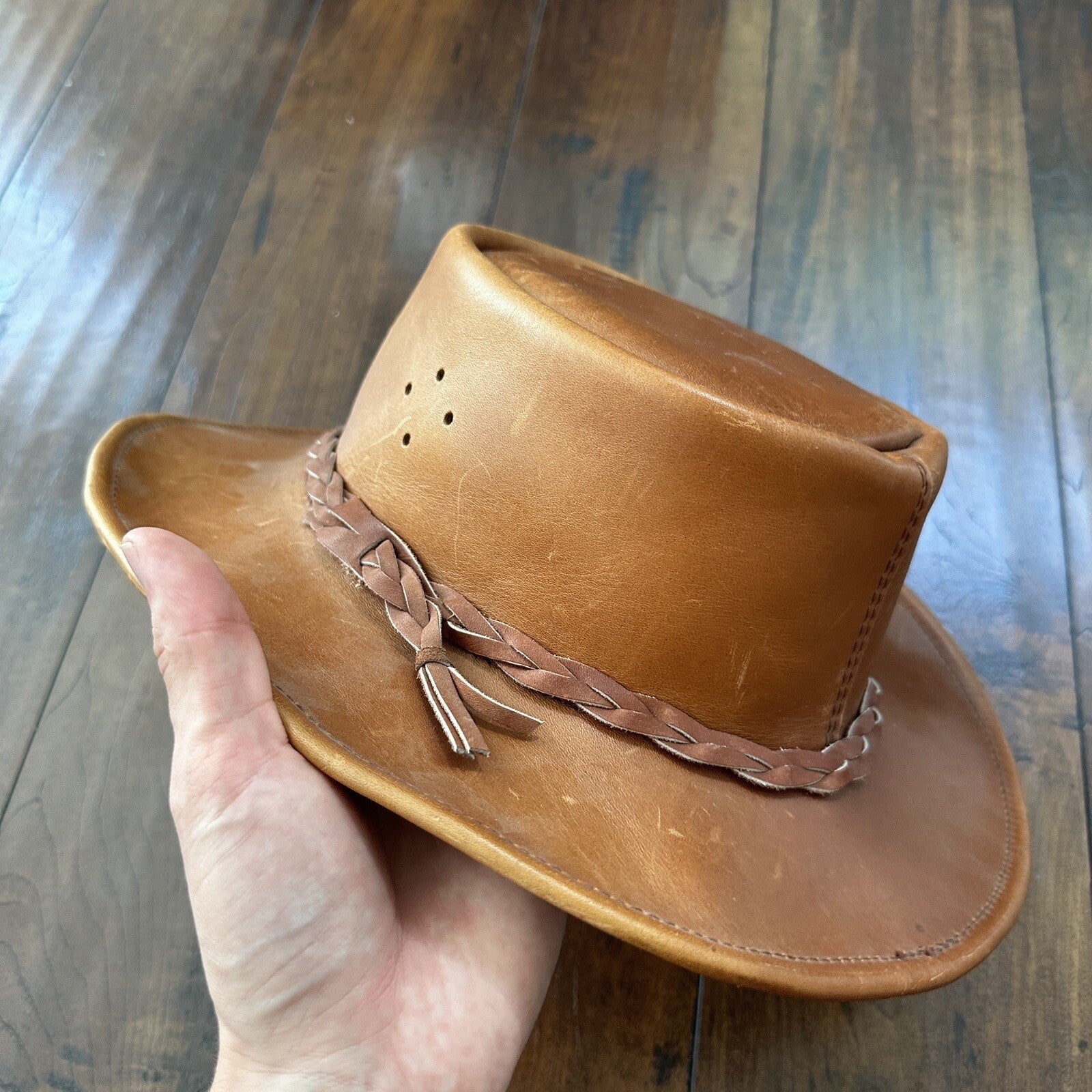 Vtg 1980s Leather Hat Suede Australia Hippy Suede Leather HAT Mens 20 Inch 80s