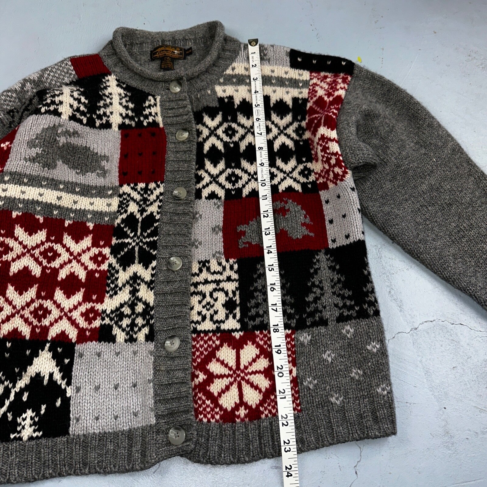 Vintage Eddie Bauer Cardigan Sweater Sz M Gray Snowflake Nordic Patchwork Wool