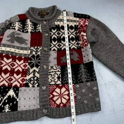 Vintage Eddie Bauer Cardigan Sweater Sz M Gray Snowflake Nordic Patchwork Wool