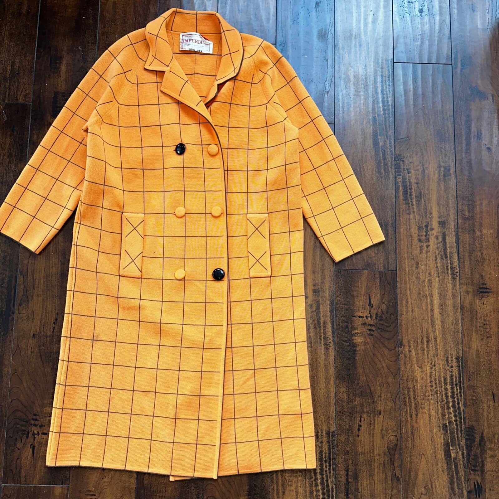 VTG 100% Wool Imperial Long Check Overcoat Womens Orange Rockabilly 1960s 70s