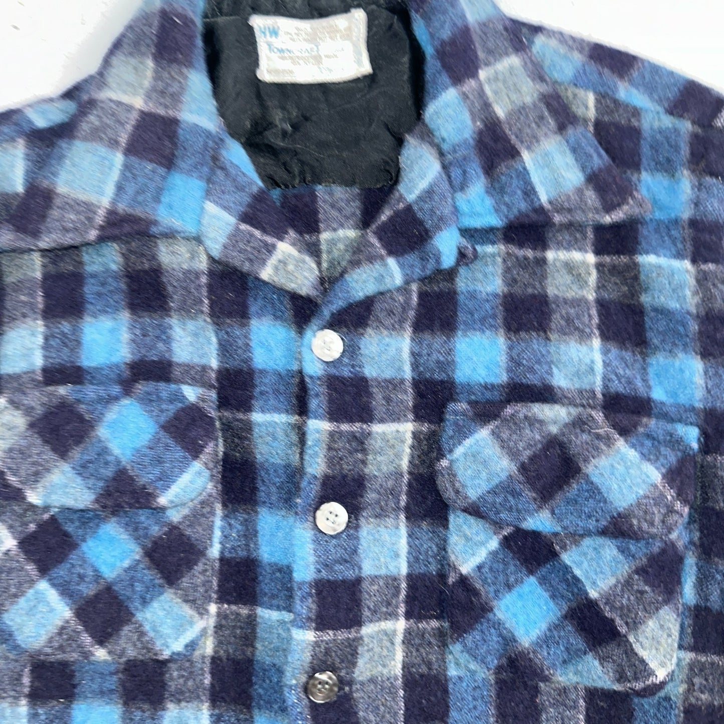 Vintage 60s 70s Towncraft Wool Flannel Blend Button Up Shirt Penneys M Blue