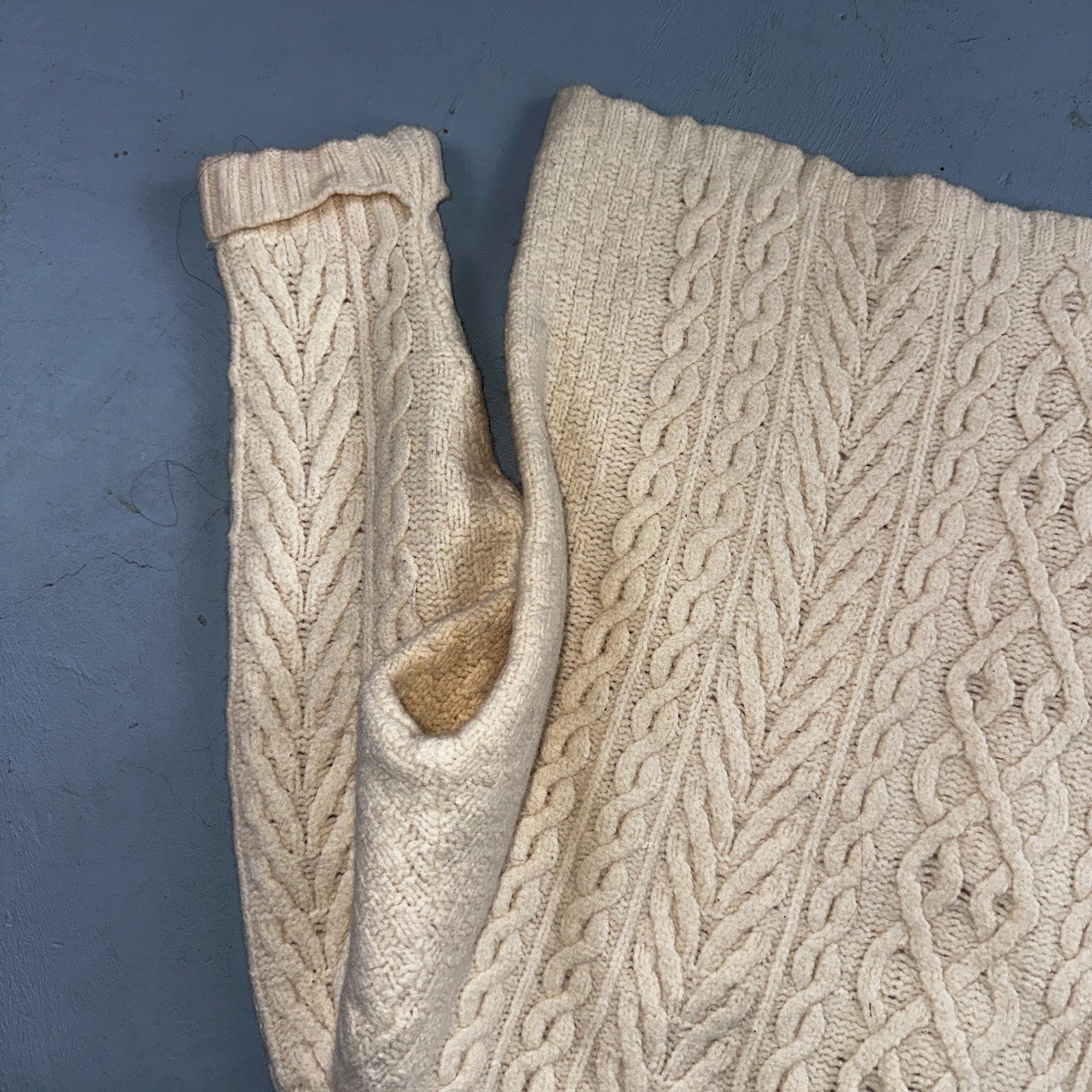 Aran Crafts Ireland Ivory Merino Wool Cable Knit Fisherman Sweater XL 1/4 VTG