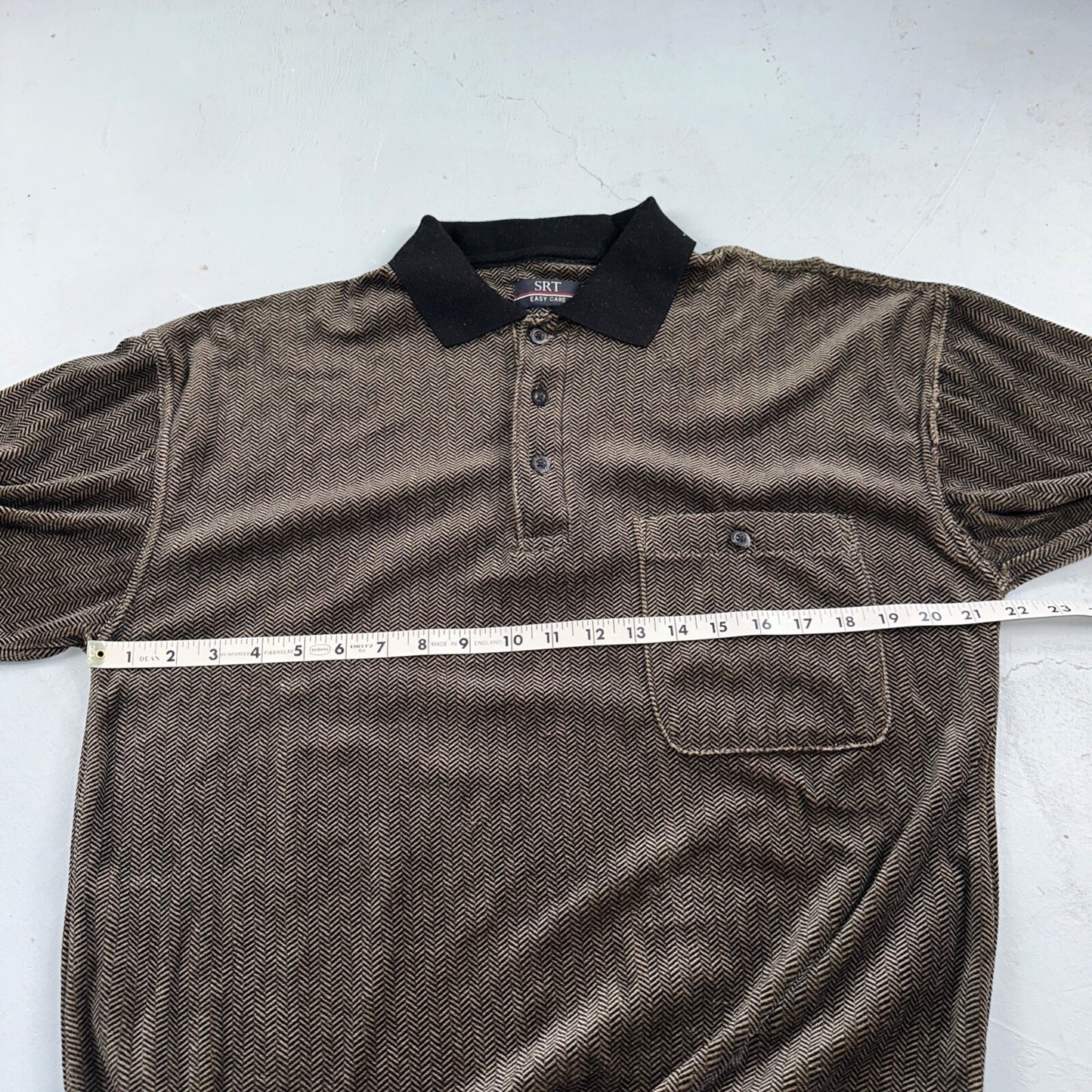 SRT Herringbone Mens Shirt Size L Gray Long Sleeve Henley VTG Golf Polo 90s