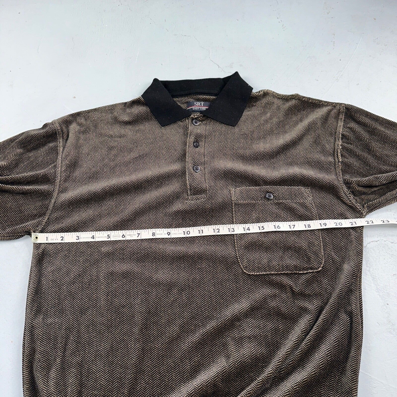 SRT Herringbone Mens Shirt Size L Gray Long Sleeve Henley VTG Golf Polo 90s