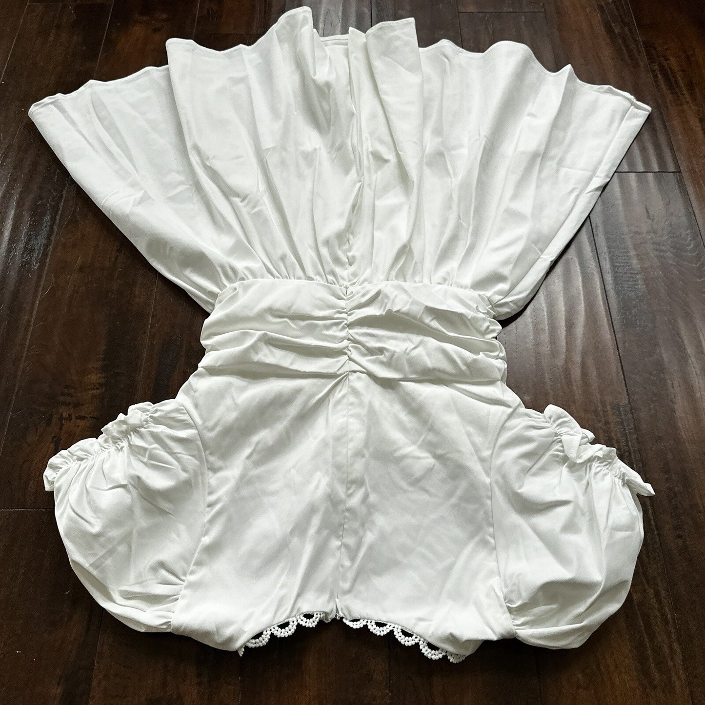 SHEIN MOD Ruched Bust Shirred Back Puff Sleeve Front Dress White Sexy Summer