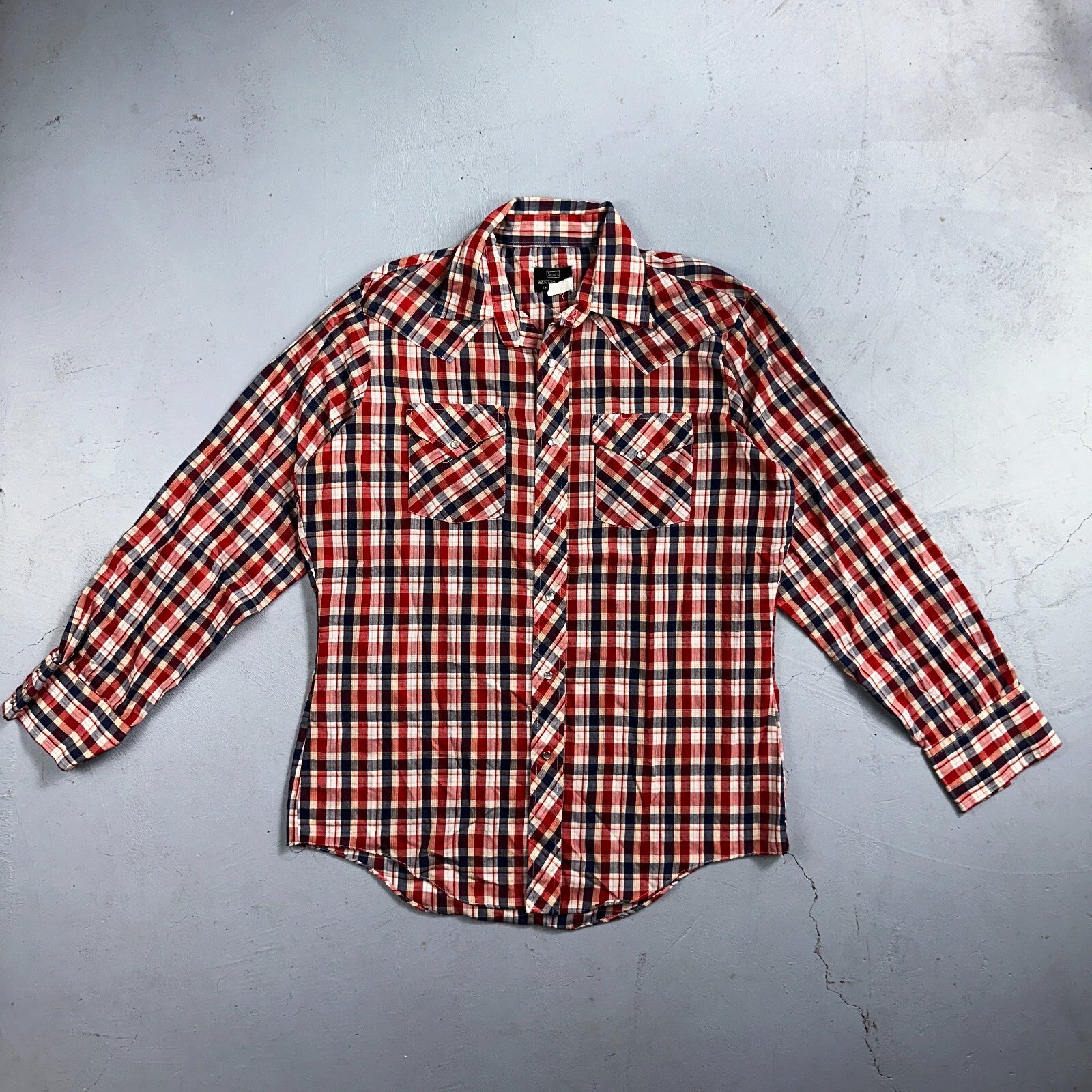 Sears VTG Western Wear L Plaid Ranch Rodeo Shirt Jacket Pearl Snap Red 16
