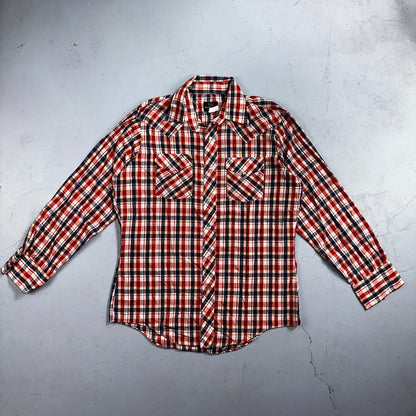 Sears VTG Western Wear L Plaid Ranch Rodeo Shirt Jacket Pearl Snap Red 16