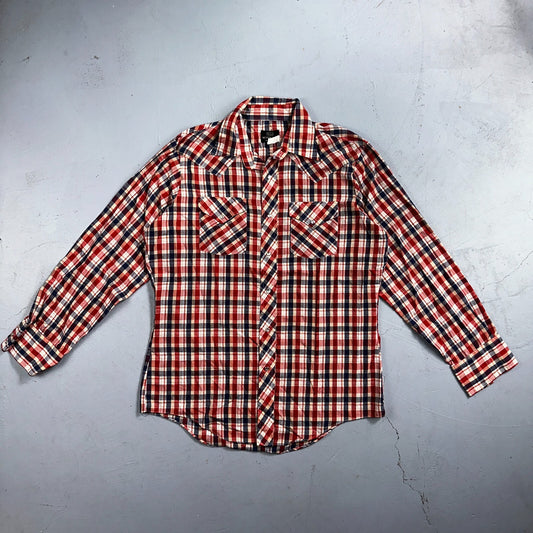 Sears VTG Western Wear L Plaid Ranch Rodeo Shirt Jacket Pearl Snap Red 16