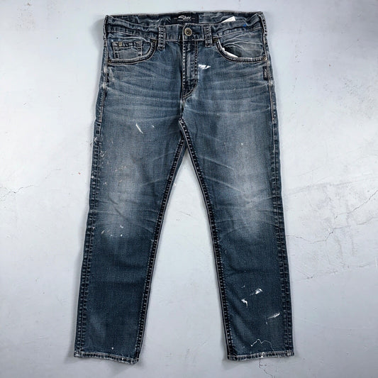 Silver Jeans Mens 34x30 Eddie Blue Denim Stretch Straight 5 Pocket Whiskering