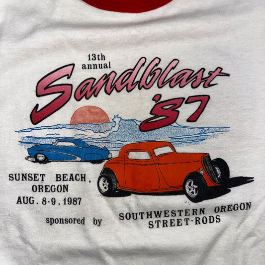 Cars Sandblast 1987 VTG T Shirt Sunset Beach Street Rods Ringer Oregon Graphic