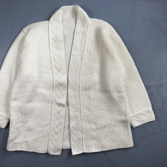 Vintage White Knit Sweater Cardigan Womens 70s 80s Basic Cozy Kimono Robe