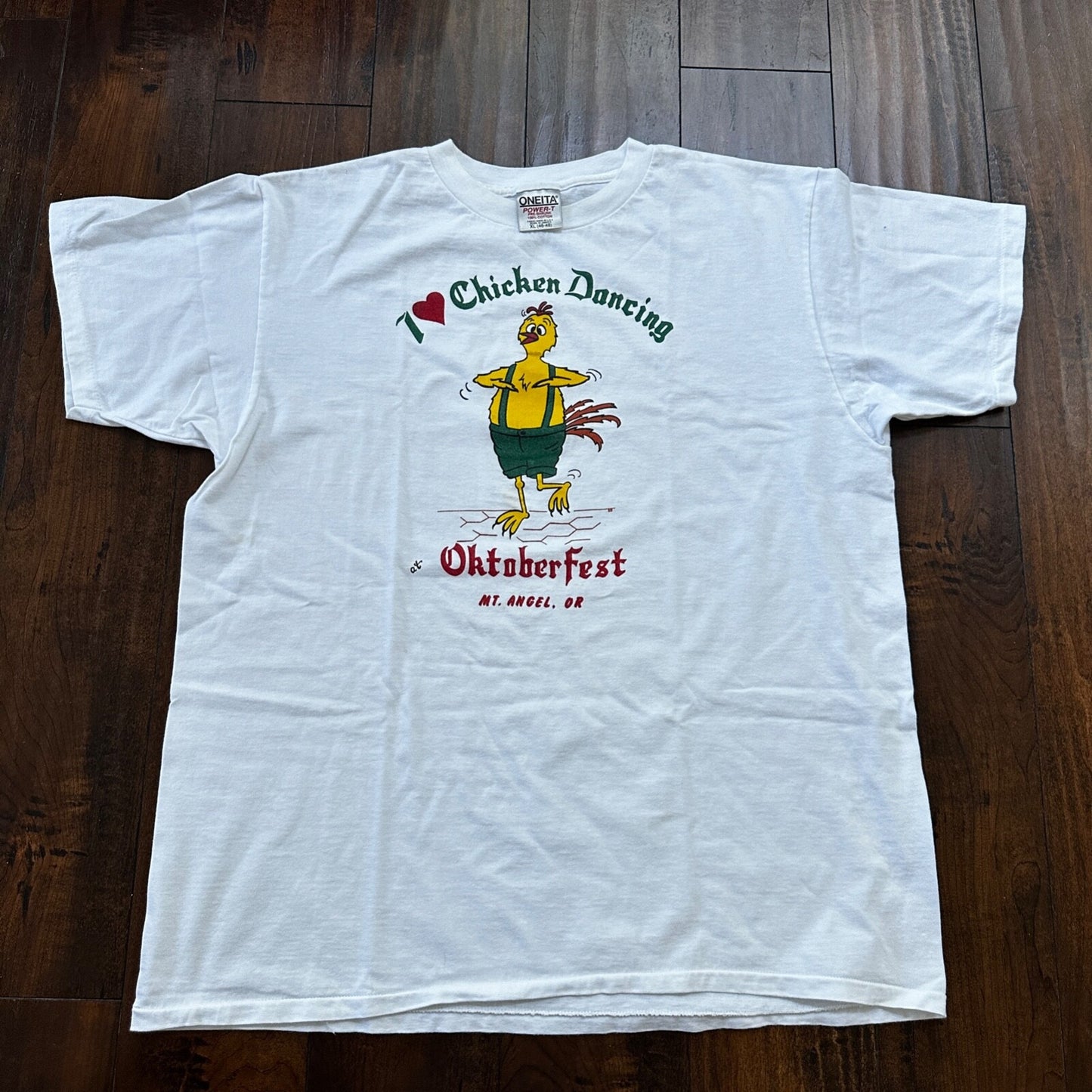 Oneita Chicken Dance Funny VTG T Shirt Oregon Humor Animal Farm 90s Oktoberfest