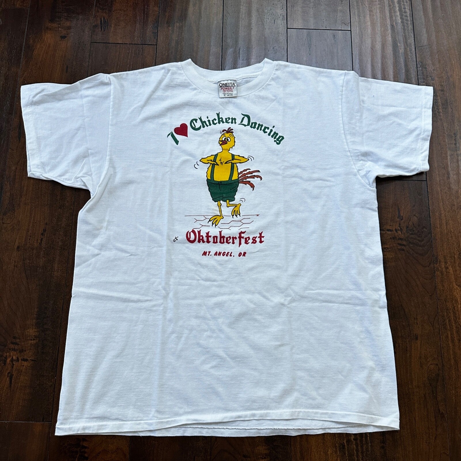 Oneita Chicken Dance Funny VTG T Shirt Oregon Humor Animal Farm 90s Oktoberfest