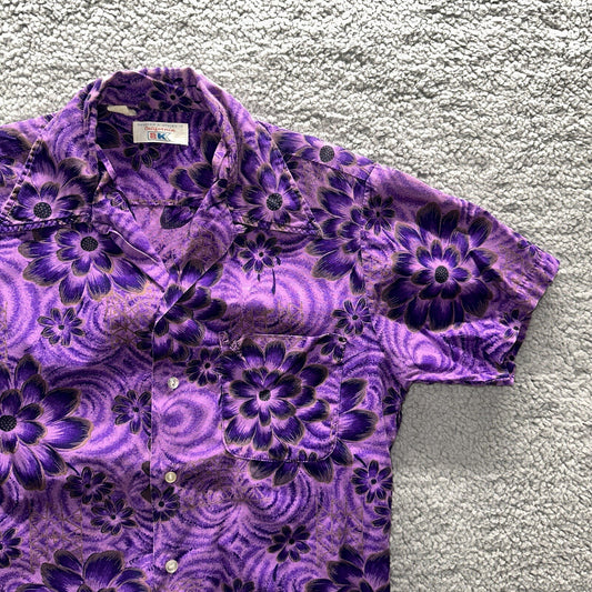 Vintage 50s Hawaiian Aloha Print Shirt Rockabilly Honolulu 60s Button USA Purple