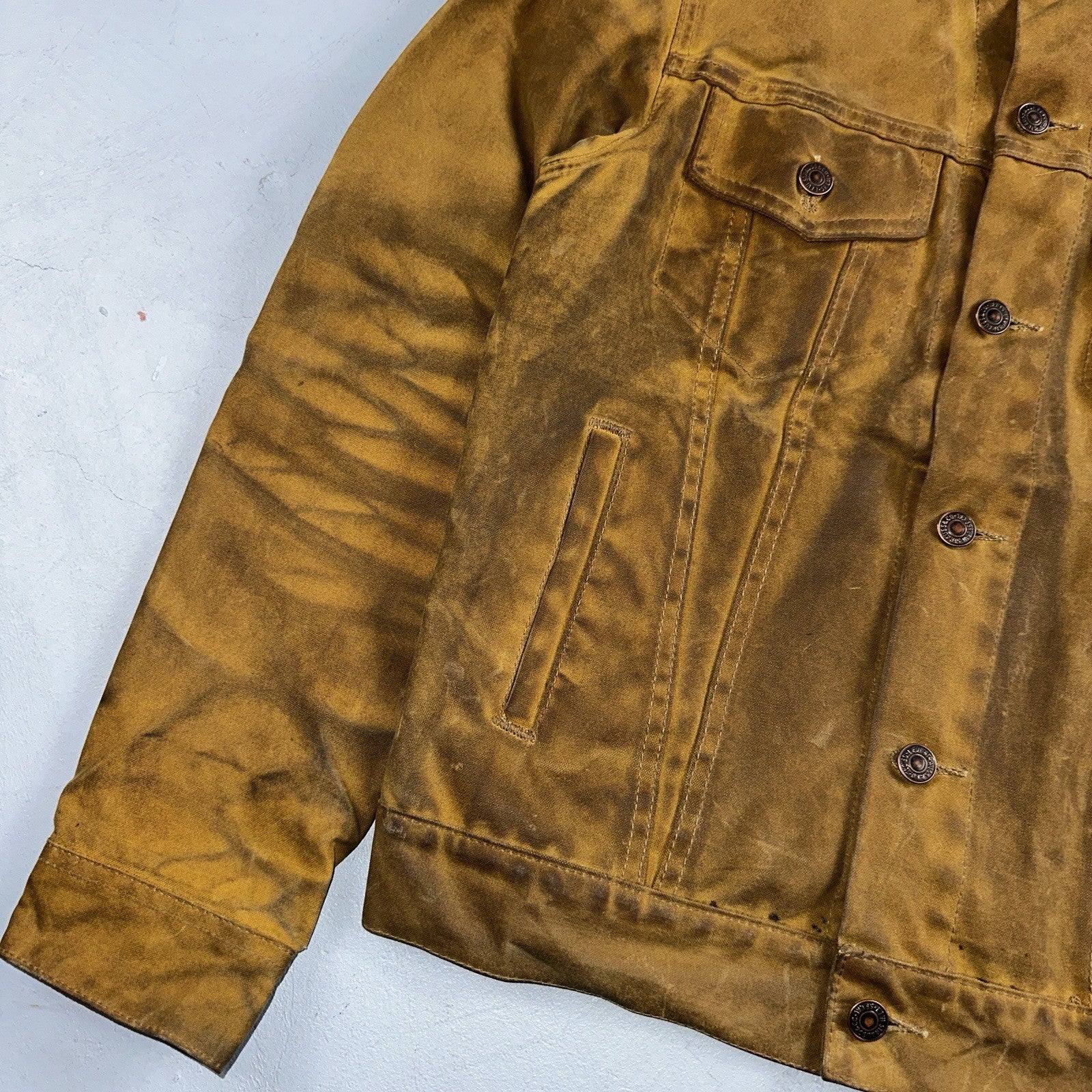 Filson x Levis Tin Cloth Trucker Jacket Men’s Small Tan Made In USA VTG Oil